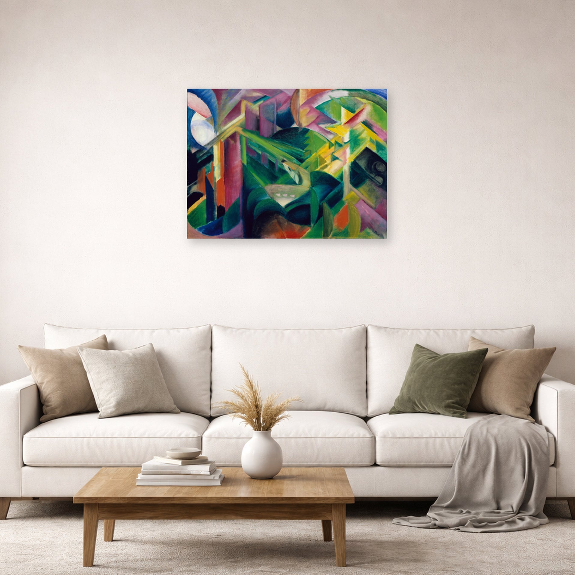 Unframed poster print of Franz Marc's Deer in a Monastery Garden displayed on a wall in a living room