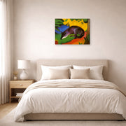 Gallery-wrapped canvas print of Franz Marc's Fox displayed on a wall in a bedroom