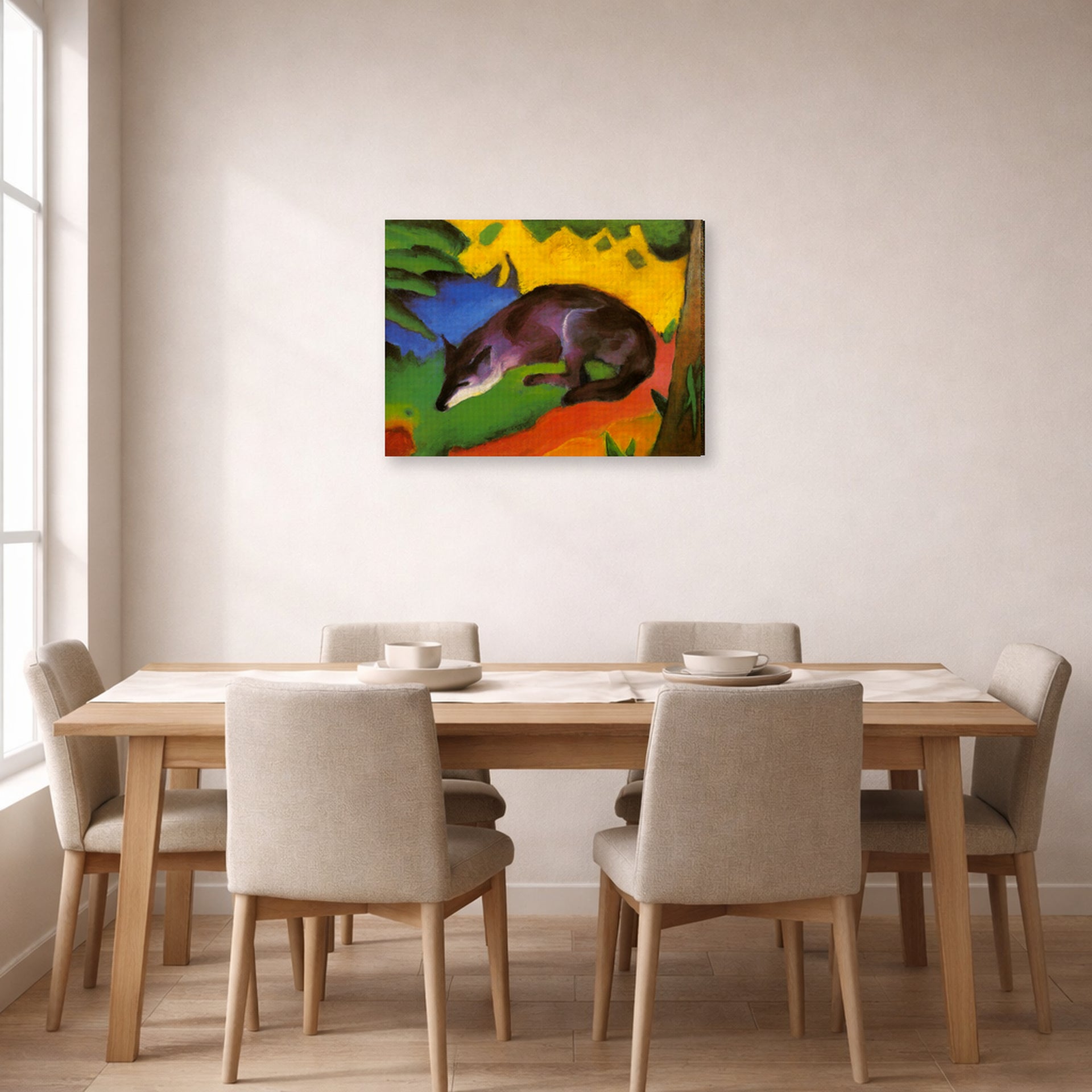 Gallery-wrapped canvas print of Franz Marc's Fox displayed on a wall in a dining room