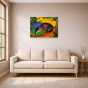 Gallery-wrapped canvas print of Franz Marc's Fox displayed on a wall in a living room