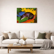 Gallery-wrapped canvas print of Franz Marc's Fox displayed on a wall in a living room