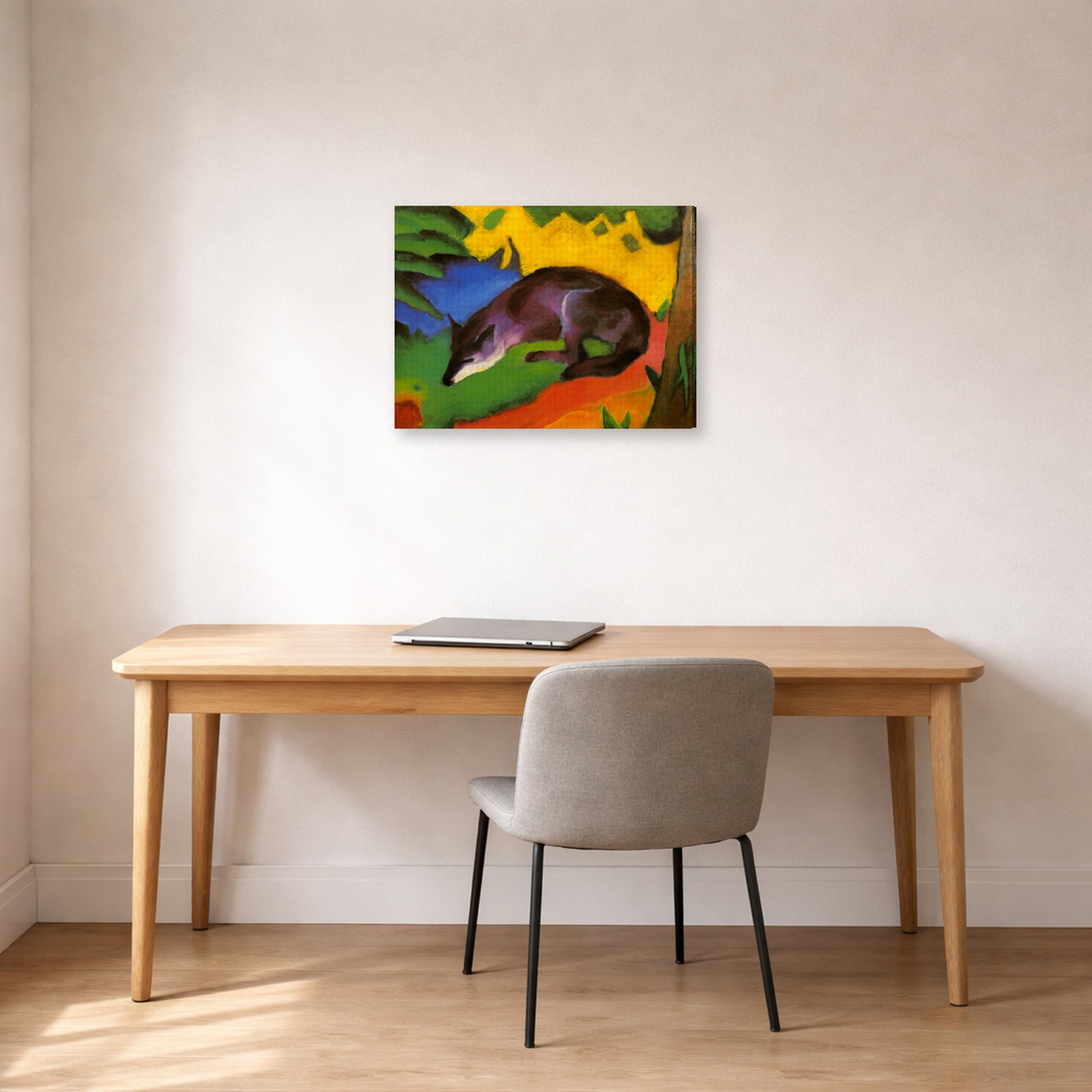 Gallery-wrapped canvas print of Franz Marc's Fox displayed on a wall in an office