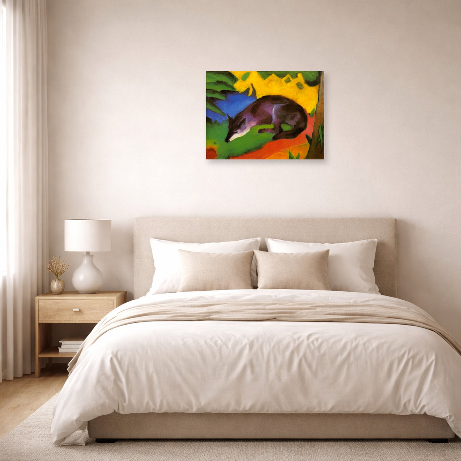 Unframed poster print of Franz Marc's Fox displayed on a wall in a bedroom