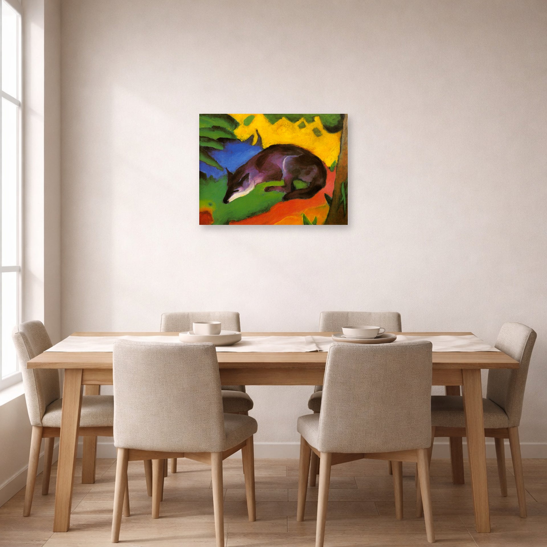 Unframed poster print of Franz Marc's Fox displayed on a wall in a dining room