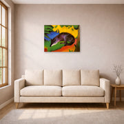 Unframed poster print of Franz Marc's Fox displayed on a wall in a living room