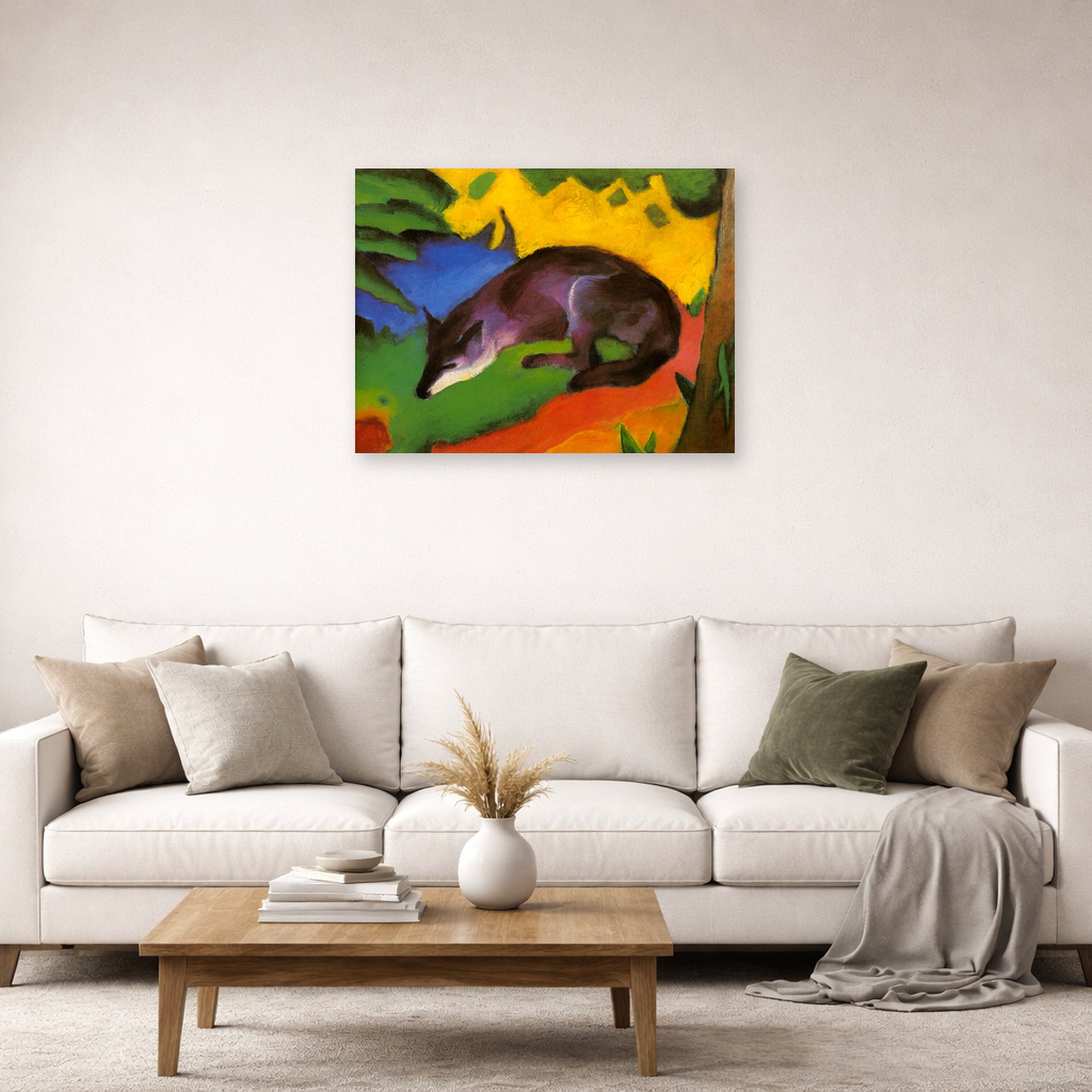 Unframed poster print of Franz Marc's Fox displayed on a wall in a living room