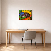 Unframed poster print of Franz Marc's Fox displayed on a wall in an office