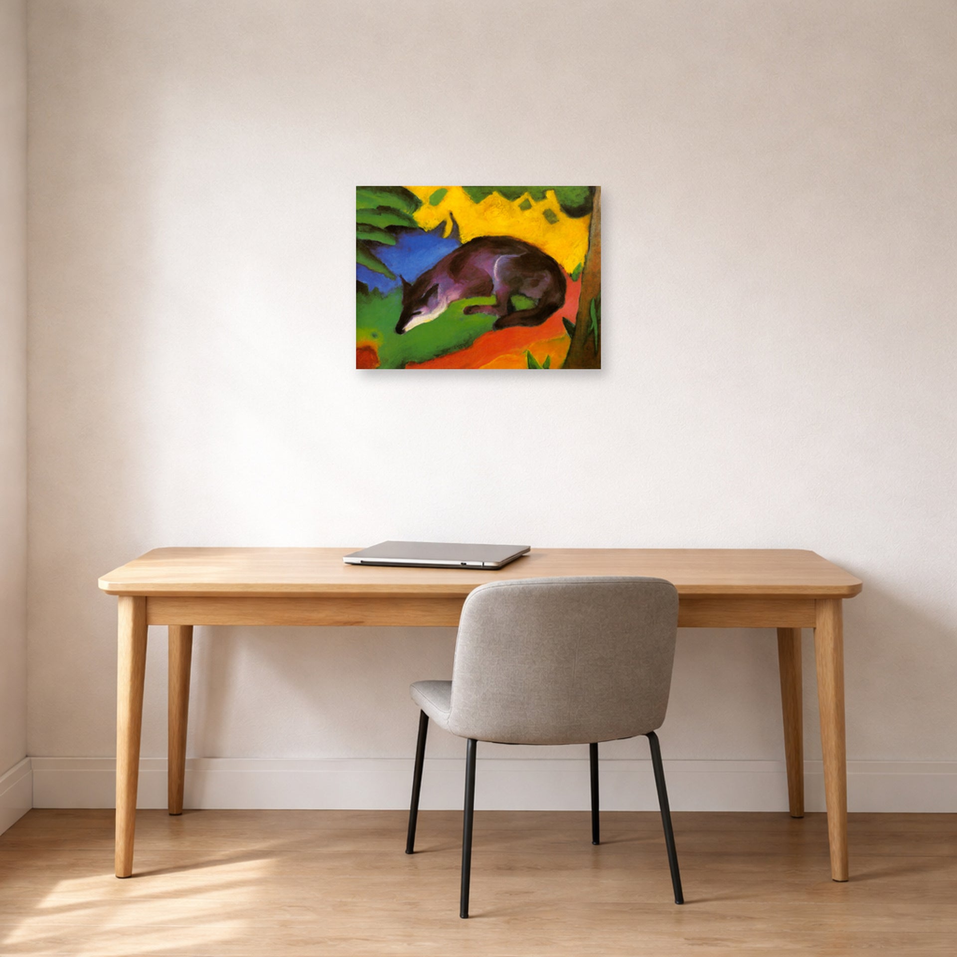Unframed poster print of Franz Marc's Fox displayed on a wall in an office