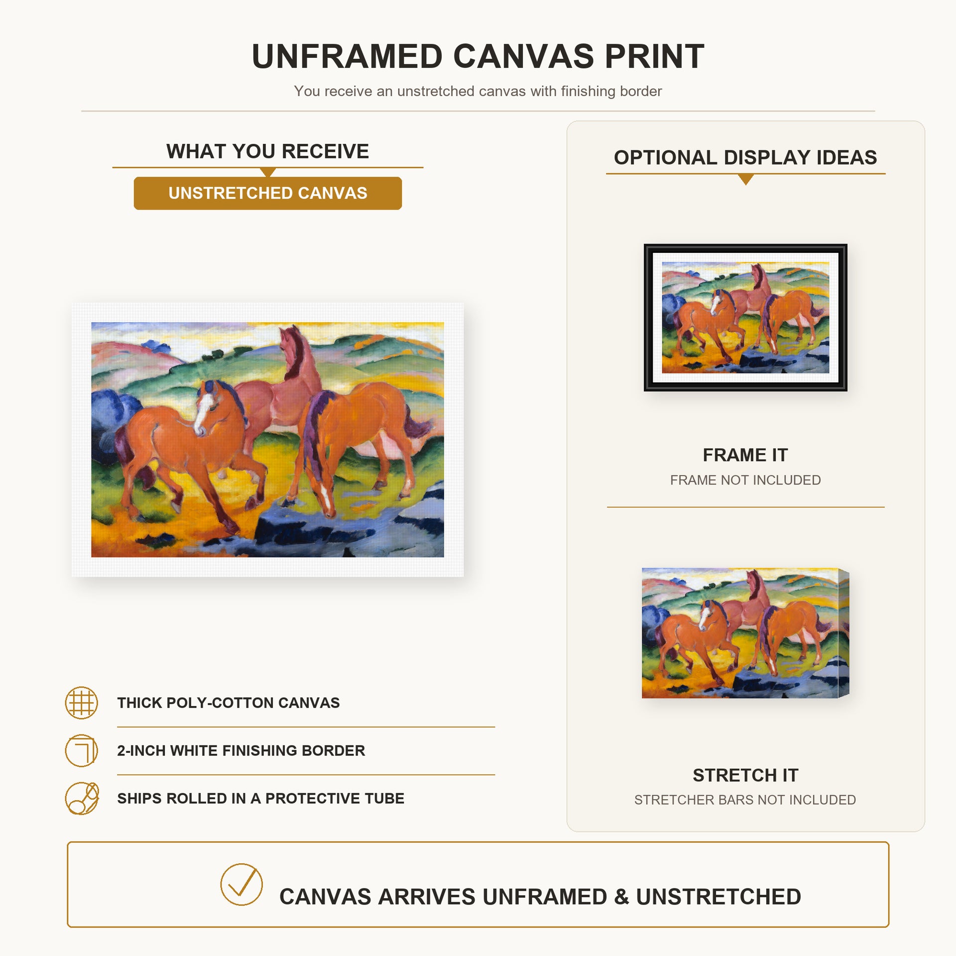 Franz Marc - Grazing Horses IV (The Red Horses) canvas print size comparison and framing display infographic
