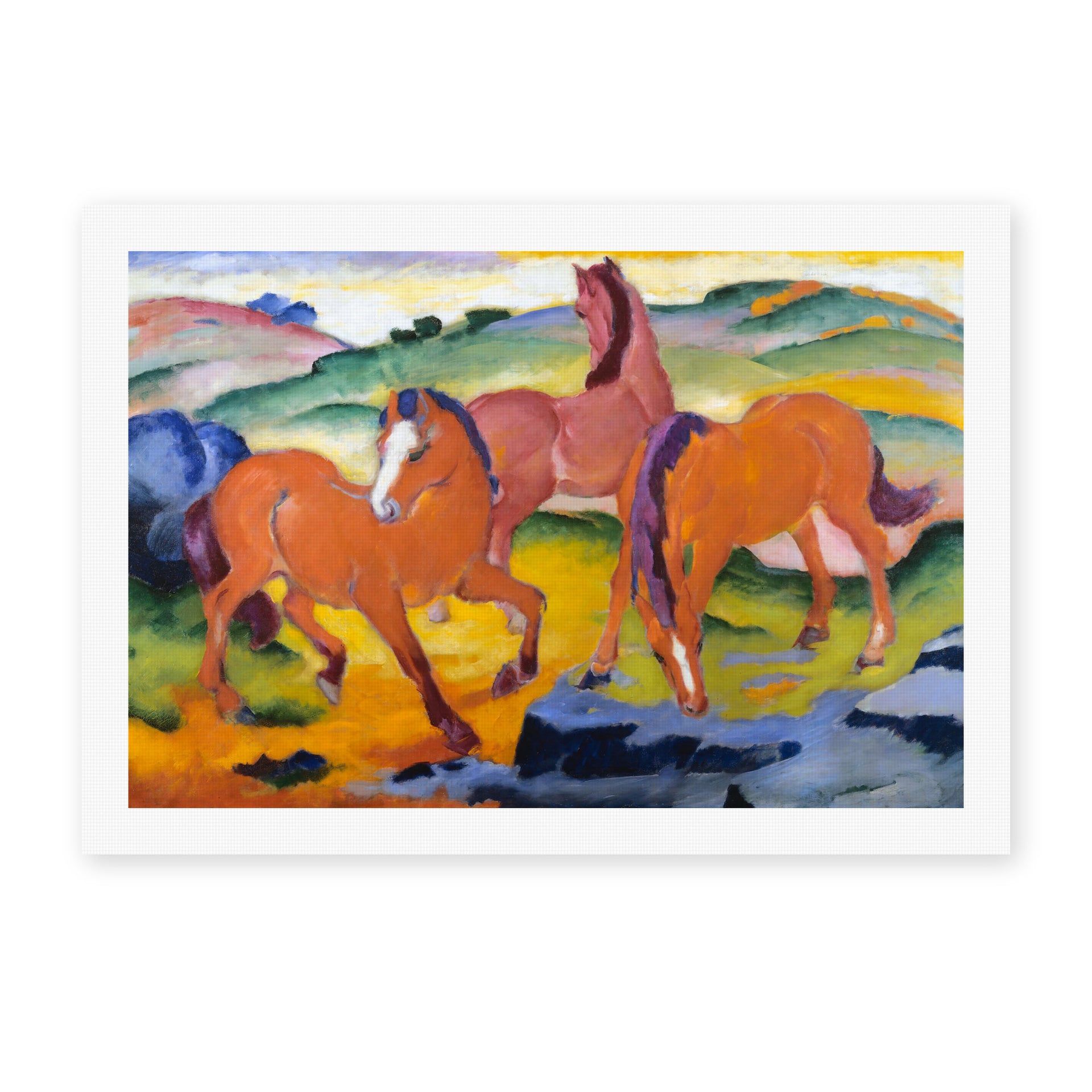 Franz Marc's 'Grazing Horses IV (The Red Horses)' painting reproduced as a rolled canvas print