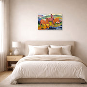 Gallery-wrapped canvas print of Franz Marc's Grazing Horses IV (The Red Horses) displayed on a wall in a bedroom