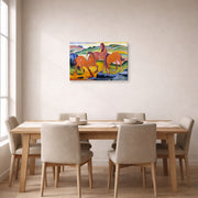 Gallery-wrapped canvas print of Franz Marc's Grazing Horses IV (The Red Horses) displayed on a wall in a dining room