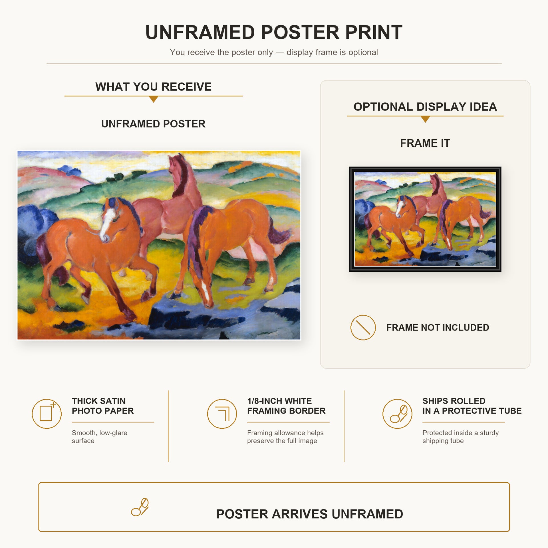 Franz Marc - Grazing Horses IV (The Red Horses) poster print size comparison and framing display infographic