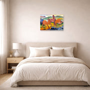 Unframed poster print of Franz Marc's Grazing Horses IV (The Red Horses) displayed on a wall in a bedroom