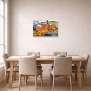 Unframed poster print of Franz Marc's Grazing Horses IV (The Red Horses) displayed on a wall in a dining room
