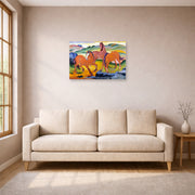 Unframed poster print of Franz Marc's Grazing Horses IV (The Red Horses) displayed on a wall in a living room