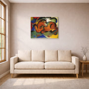 Gallery-wrapped canvas print of Franz Marc's Red Bull displayed on a wall in a living room