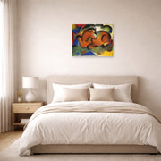 Unframed poster print of Franz Marc's Red Bull displayed on a wall in a bedroom