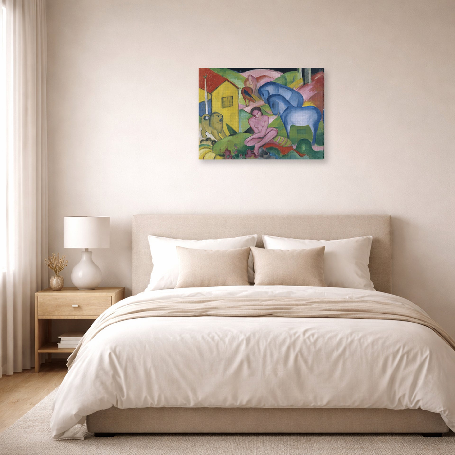 Gallery-wrapped canvas print of Franz Marc's The Dream displayed on a wall in a bedroom