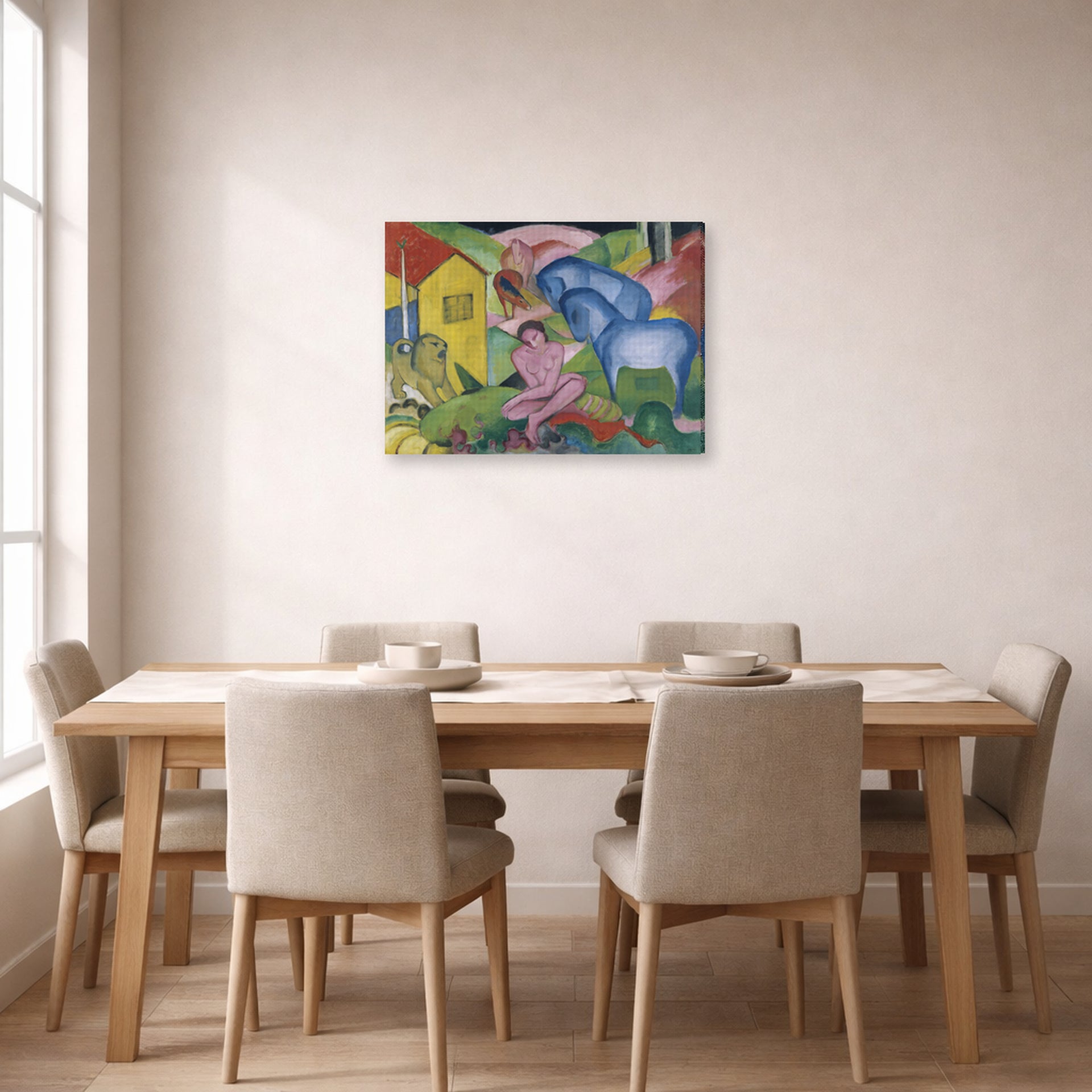 Gallery-wrapped canvas print of Franz Marc's The Dream displayed on a wall in a dining room