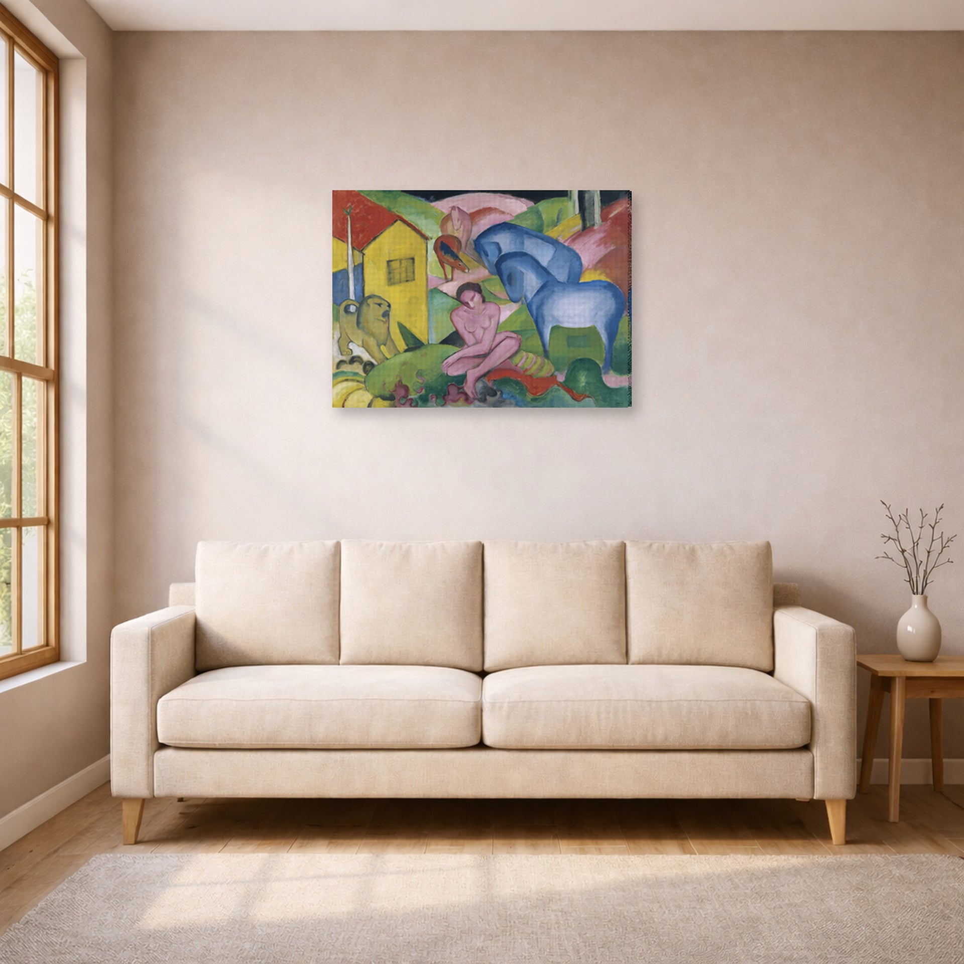 Gallery-wrapped canvas print of Franz Marc's The Dream displayed on a wall in a living room