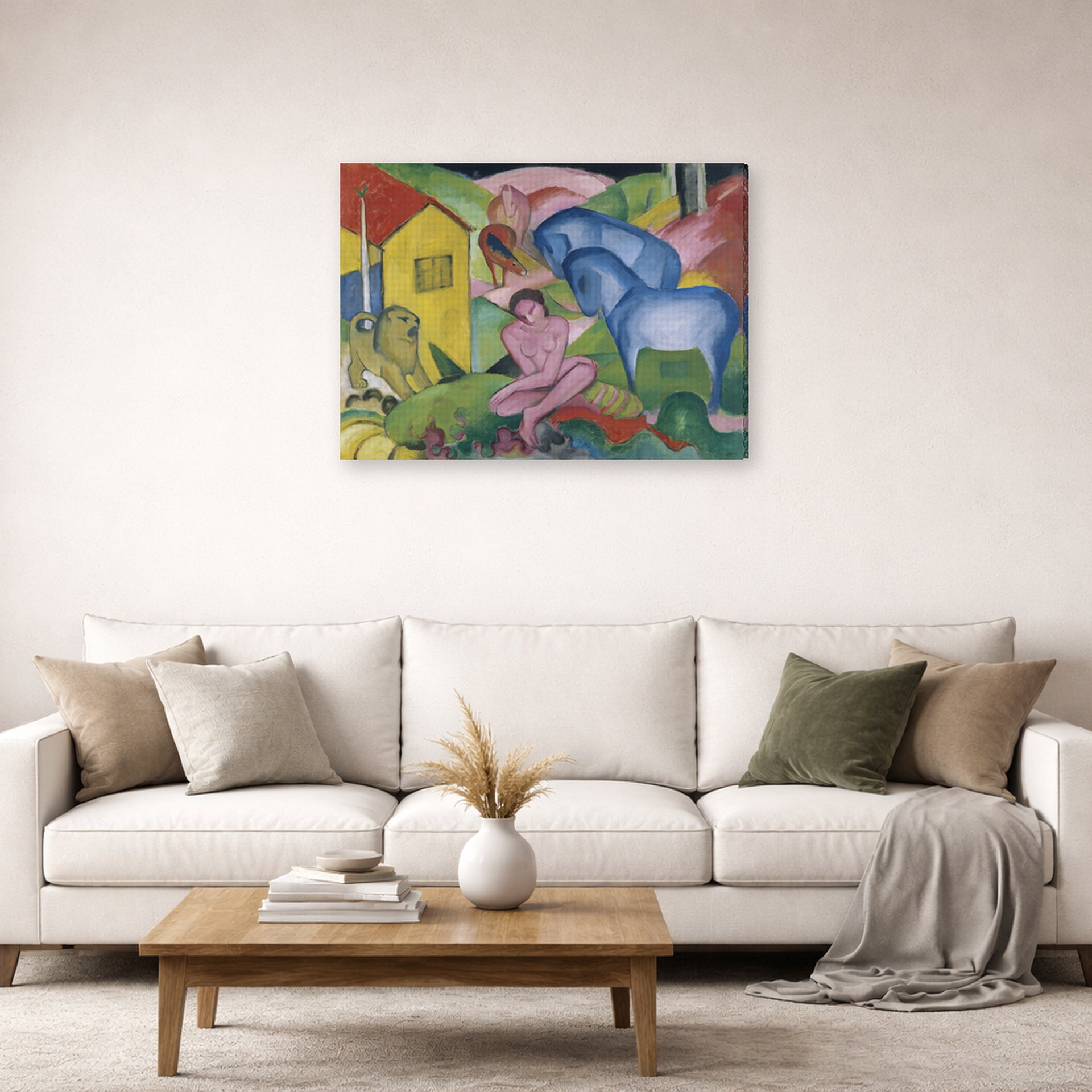 Gallery-wrapped canvas print of Franz Marc's The Dream displayed on a wall in a living room
