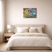 Unframed poster print of Franz Marc's The Dream displayed on a wall in a bedroom