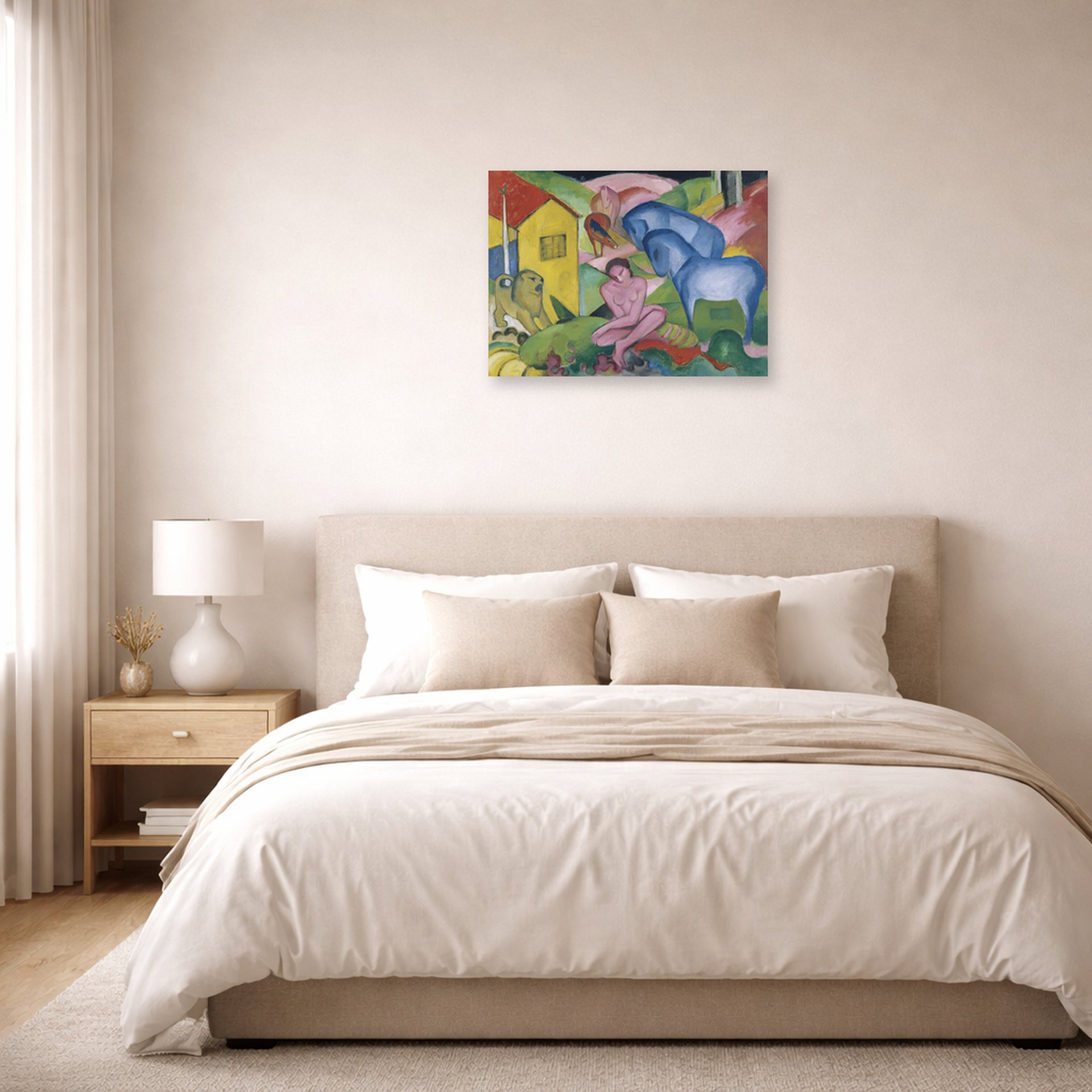 Unframed poster print of Franz Marc's The Dream displayed on a wall in a bedroom