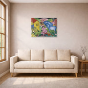 Unframed poster print of Franz Marc's The Dream displayed on a wall in a living room