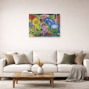 Unframed poster print of Franz Marc's The Dream displayed on a wall in a living room
