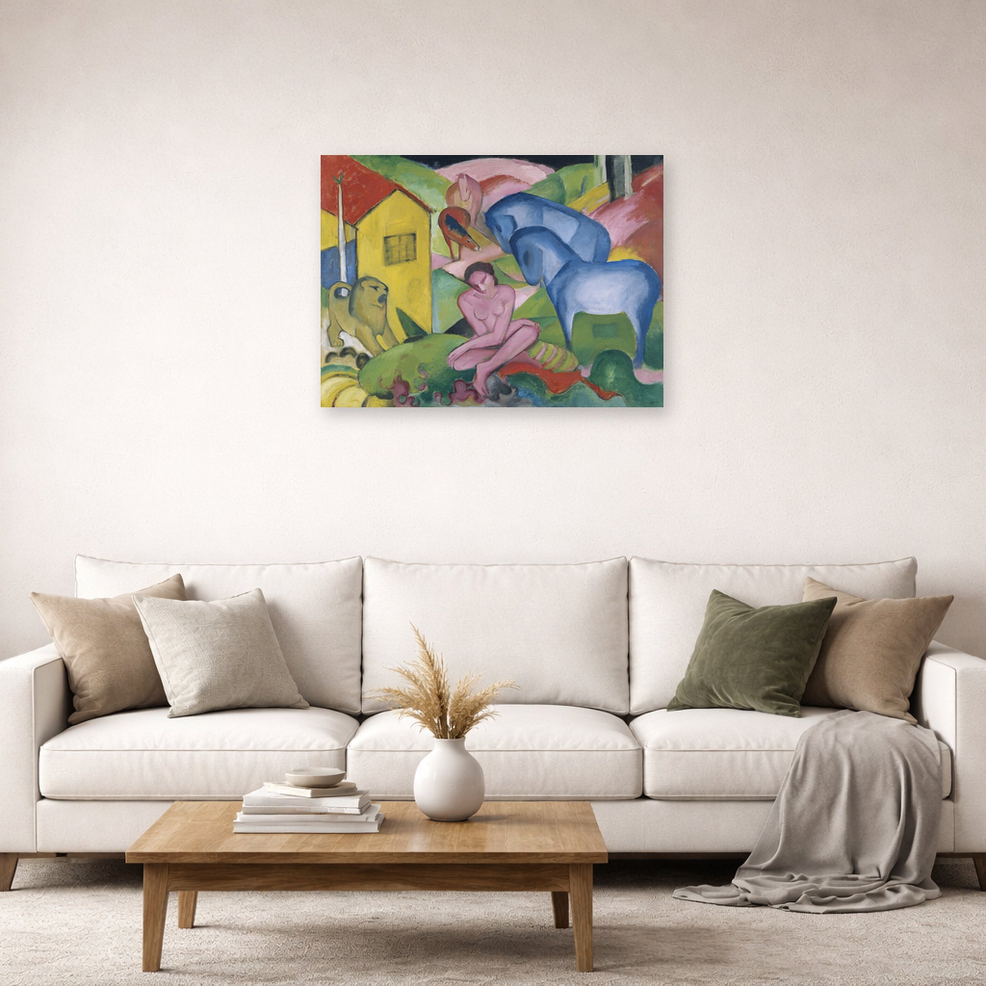 Unframed poster print of Franz Marc's The Dream displayed on a wall in a living room