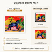 Franz Marc - The Little Blue Horse canvas print size comparison and framing display infographic