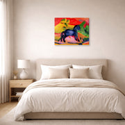Gallery-wrapped canvas print of Franz Marc's The Little Blue Horse displayed on a wall in a bedroom
