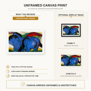 Franz Marc - The Little Blue Horses canvas print size comparison and framing display infographic
