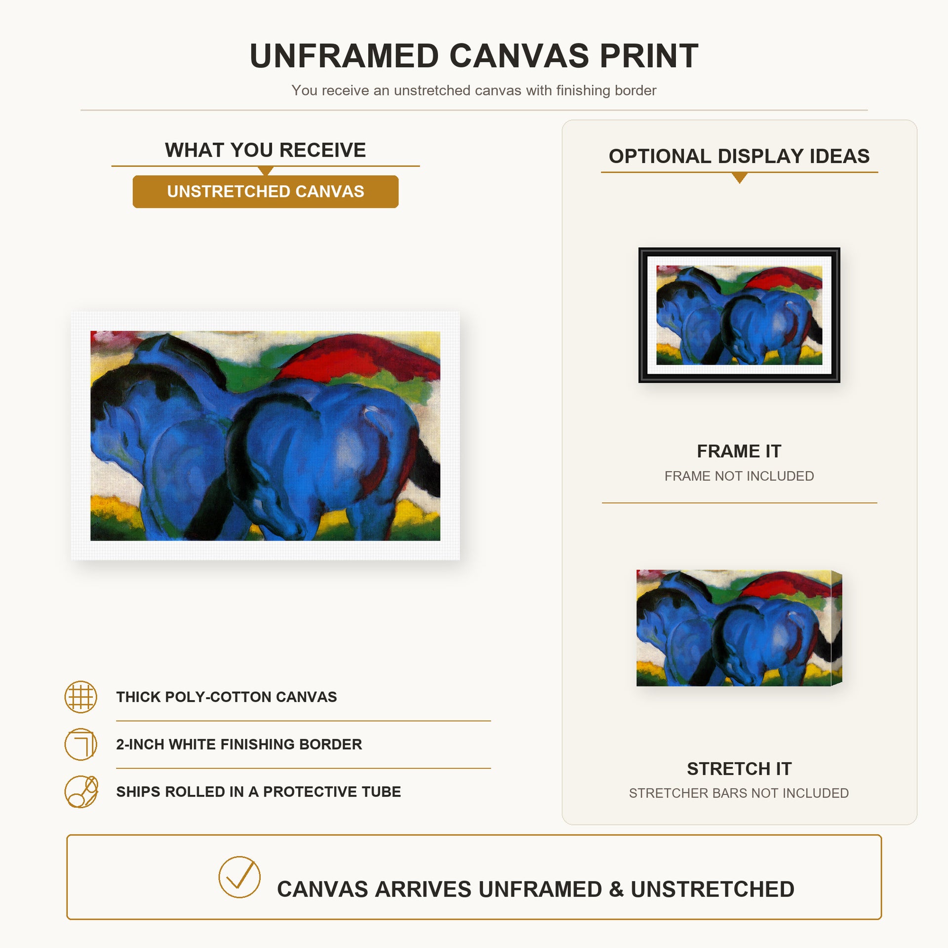 Franz Marc - The Little Blue Horses canvas print size comparison and framing display infographic