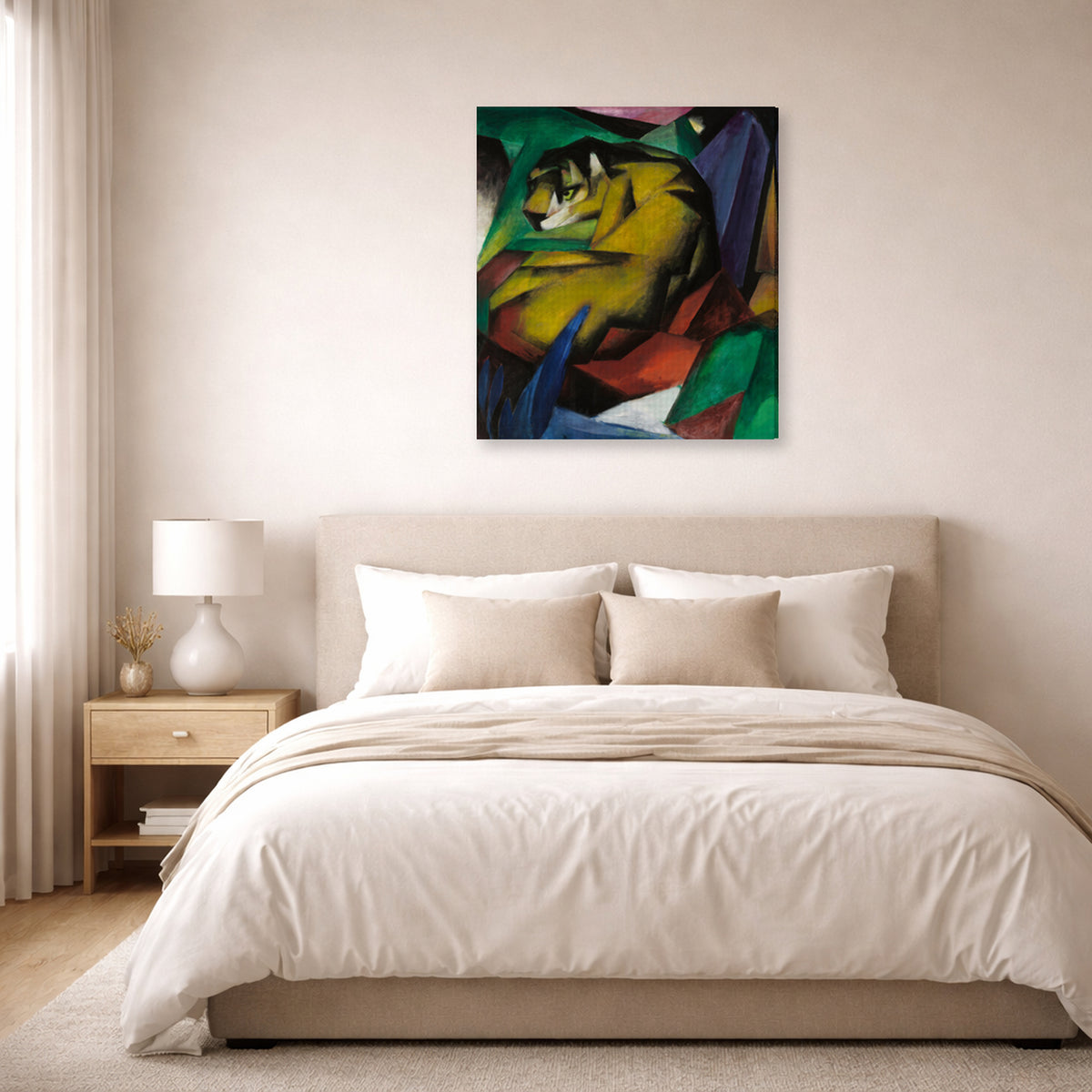 Gallery-wrapped canvas print of Franz Marc's The Tiger displayed on a wall in a bedroom
