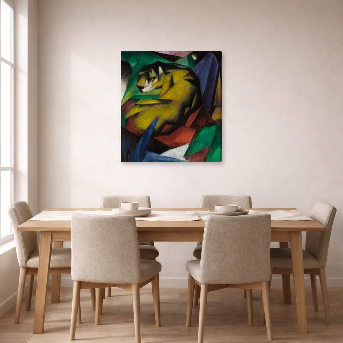 Gallery-wrapped canvas print of Franz Marc's The Tiger displayed on a wall in a dining room