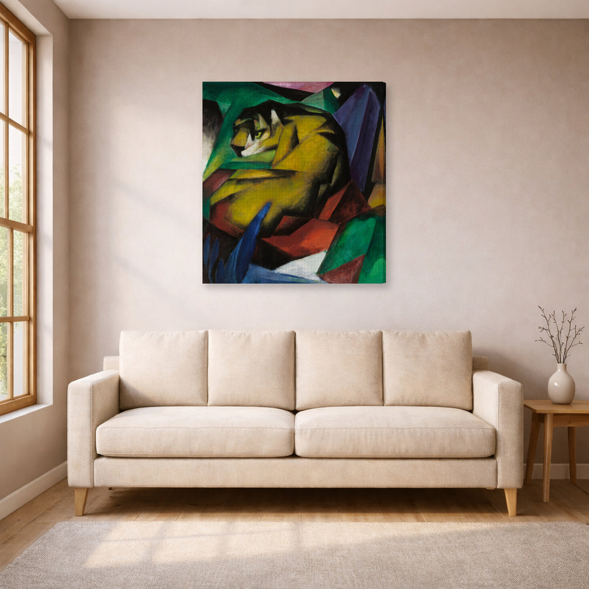 Gallery-wrapped canvas print of Franz Marc's The Tiger displayed on a wall in a living room