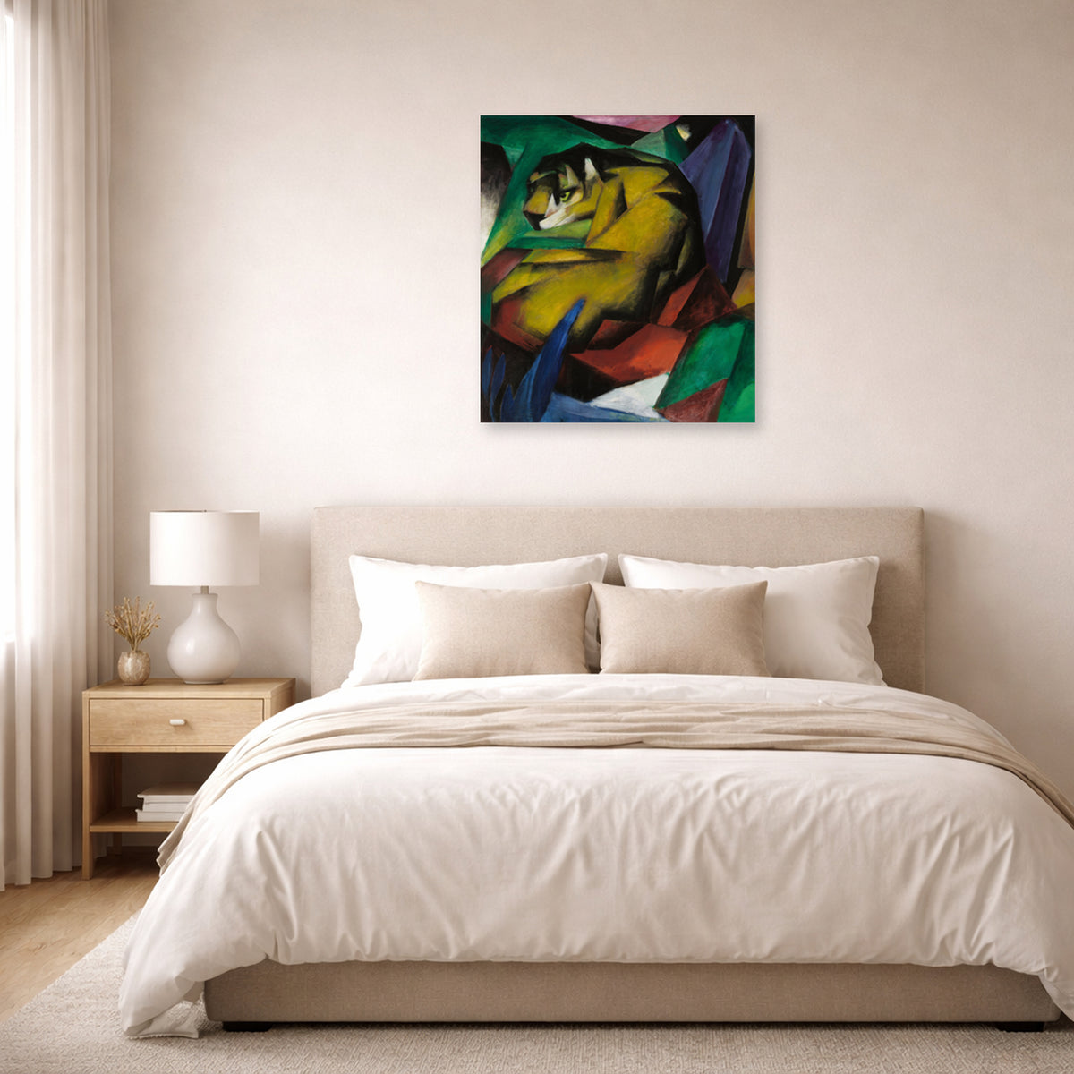 Unframed poster print of Franz Marc's The Tiger displayed on a wall in a bedroom