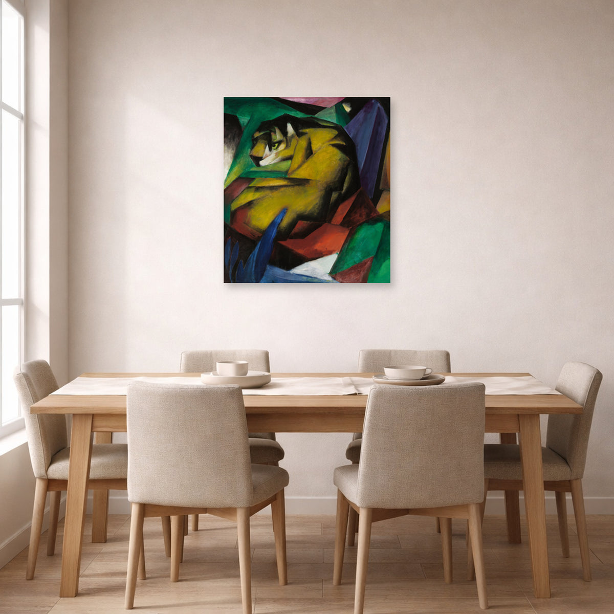 Unframed poster print of Franz Marc's The Tiger displayed on a wall in a dining room