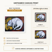 Franz Marc - The White Cat canvas print size comparison and framing display infographic
