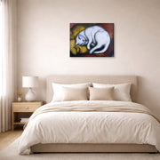 Gallery-wrapped canvas print of Franz Marc's The White Cat displayed on a wall in a bedroom