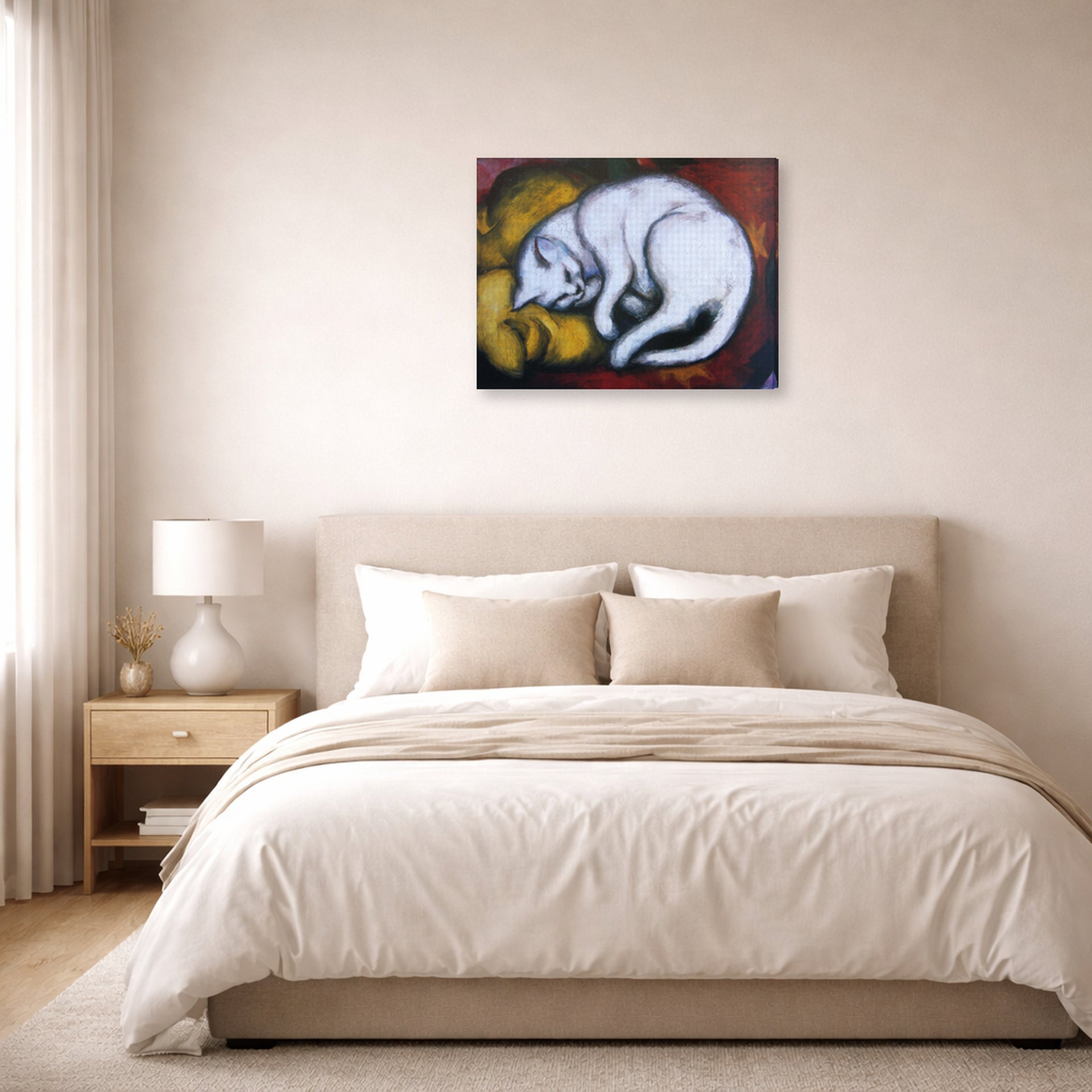 Gallery-wrapped canvas print of Franz Marc's The White Cat displayed on a wall in a bedroom