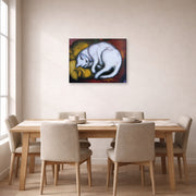 Gallery-wrapped canvas print of Franz Marc's The White Cat displayed on a wall in a dining room