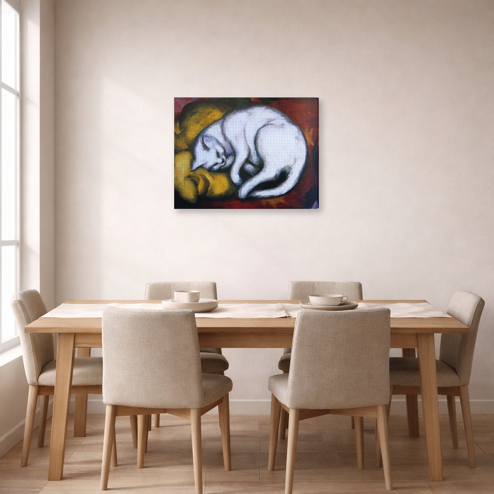 Gallery-wrapped canvas print of Franz Marc's The White Cat displayed on a wall in a dining room