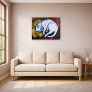 Gallery-wrapped canvas print of Franz Marc's The White Cat displayed on a wall in a living room