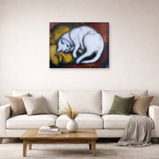 Gallery-wrapped canvas print of Franz Marc's The White Cat displayed on a wall in a living room
