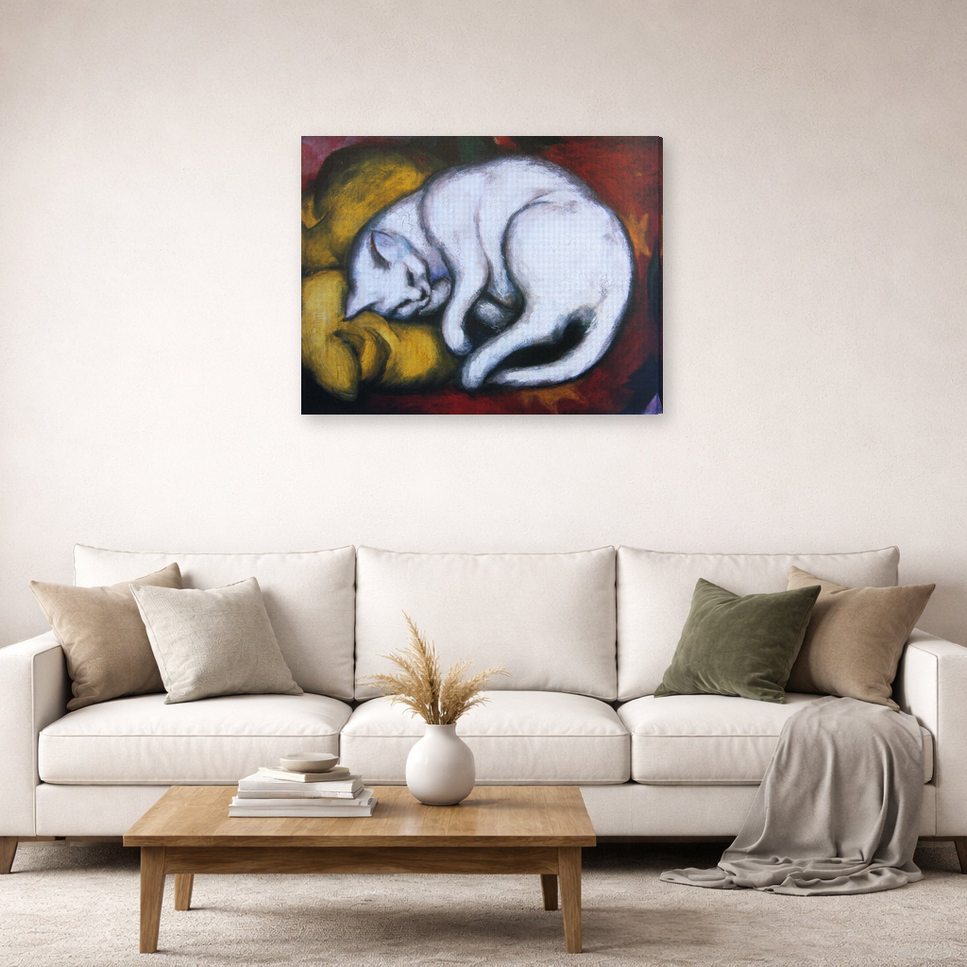 Gallery-wrapped canvas print of Franz Marc's The White Cat displayed on a wall in a living room
