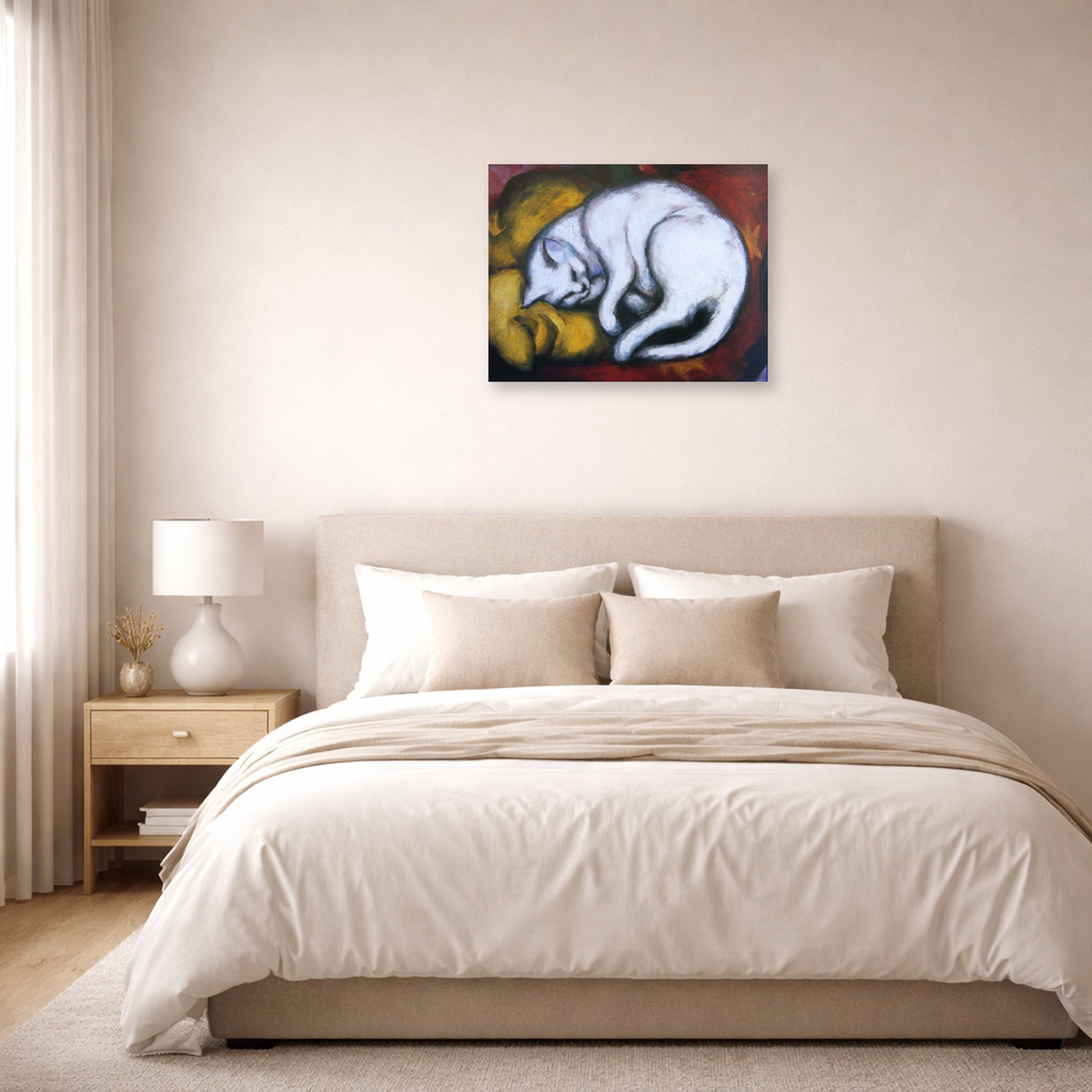 Unframed poster print of Franz Marc's The White Cat displayed on a wall in a bedroom