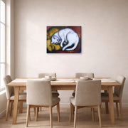 Unframed poster print of Franz Marc's The White Cat displayed on a wall in a dining room